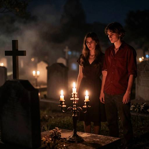 Couple Mourning at Night Cemetery with Candlelight