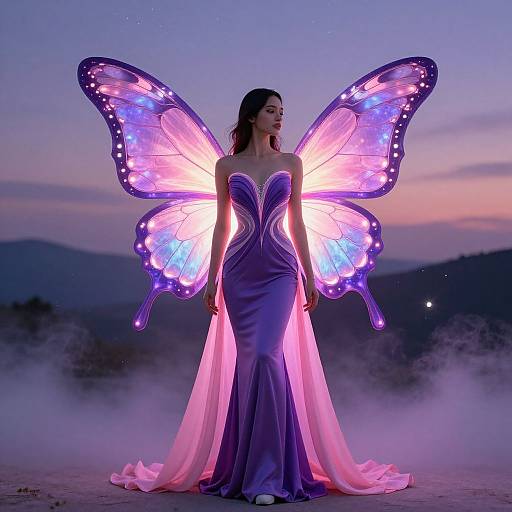 Photograph of a woman in a glowing purple butterfly-winged gown, standing at dusk with mist and mountains in the background.