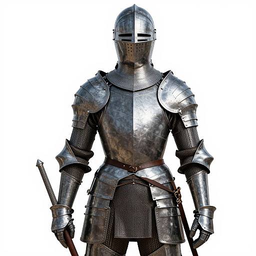 Photorealistic image of a medieval knight in full shiny steel armor, including a helmet with a visor, holding a sword at his side. White