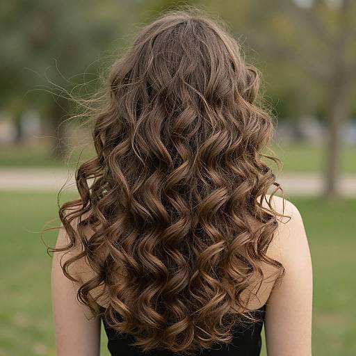 Photograph of a woman with long, wavy brown hair seen from behind, standing in a green park with blurred trees.
