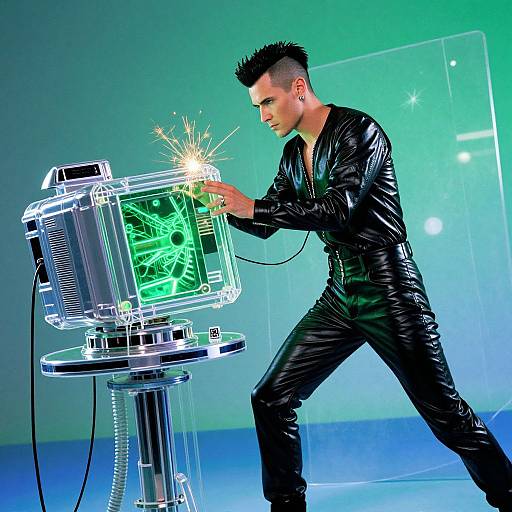 Photograph of a muscular man with spiked black hair in a shiny black leather jumpsuit, sparking a futuristic green holographic device on a metallic table.
