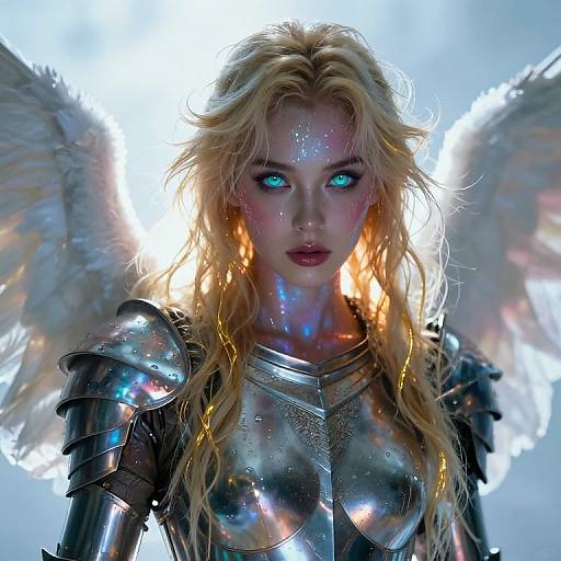 Digital art of a fierce, blonde angelic warrior with glowing blue eyes, wearing shiny silver armor and white wings, against a bright, ethereal background
