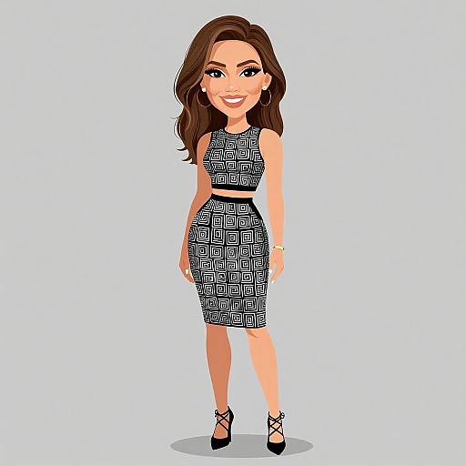 Digital illustration of a smiling woman with long brown hair, wearing a black and white geometric patterned crop top and matching skirt, black heels, and gold