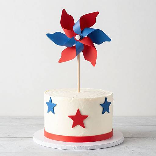 Photograph of a white-frosted cake with red and blue stars, red ribbon, and a red-blue pinwheel cake topper on a white
