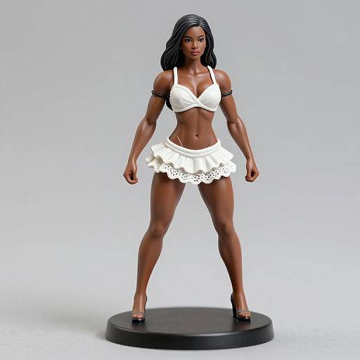 Photograph of a dark-skinned, muscular female action figure with long black hair, wearing a white bikini top and skirt, black armband,