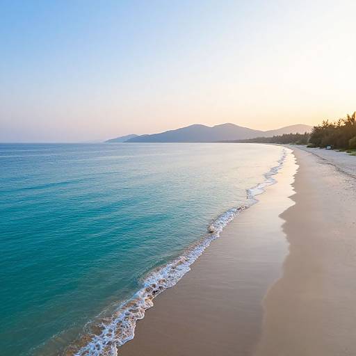 Photograph of a serene beach at sunset, featuring calm blue ocean waves gently washing onto a sandy shore, with distant mountains and a clear, gradient sky