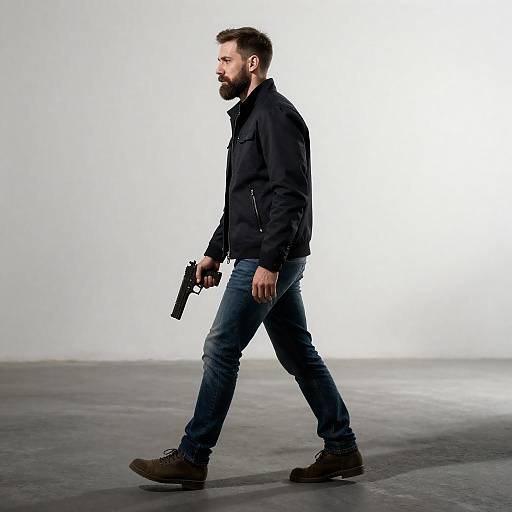 Bearded Man with Handgun, Smoky Backdrop