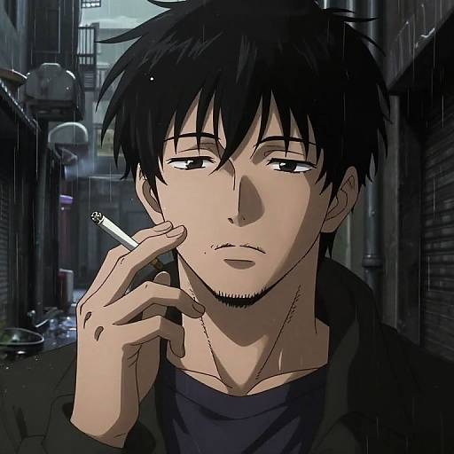 Anime-style digital illustration of a young man with black hair, holding a cigarette in a rainy, dimly-lit urban alley. He has a neutral