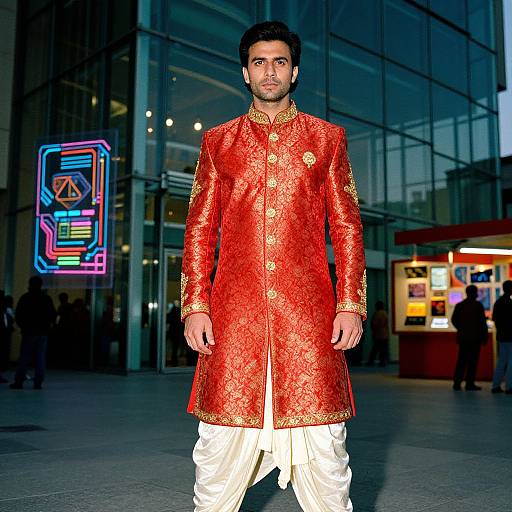 Photograph of a bearded man in a vibrant red, gold-embroidered traditional Indian kurta with white pants, standing in a modern,