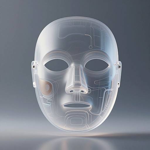 Digital rendering of a transparent, futuristic, cybernetic mask with glowing circuit patterns, set against a gradient blue background.