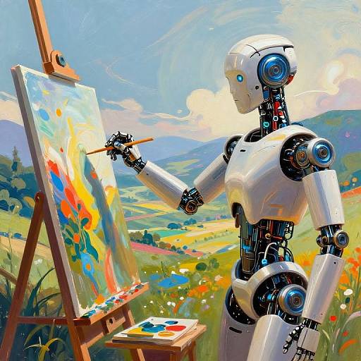 Digital painting of a white robot painter, holding a brush, painting a vibrant landscape on an easel, with colorful fields and mountains in the background.