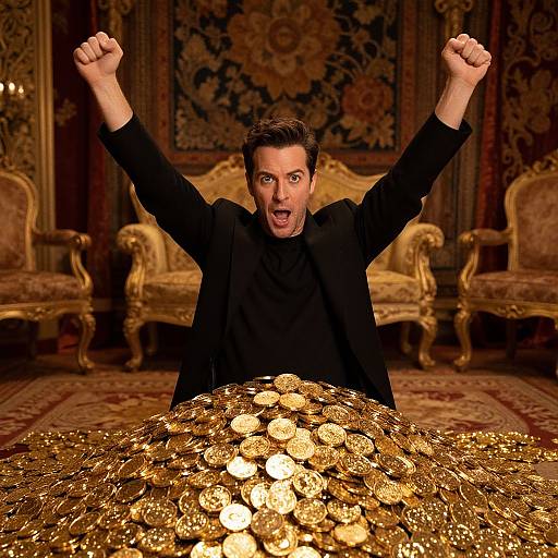 Photograph of a shocked man with raised fists, standing behind a massive pile of gold coins in an ornate, vintage room.