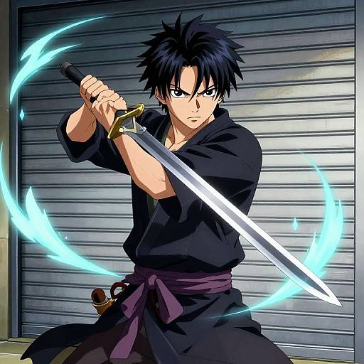 Anime-style drawing of a black-haired, blue-eyed young man wielding a glowing blue-energy sword, wearing a black shirt and purple sash, against a