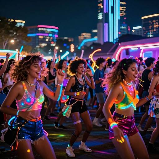 Photograph of a vibrant, neon-lit dance party at night, featuring diverse, young women in colorful, glow-in-the-dark outfits, dancing ener