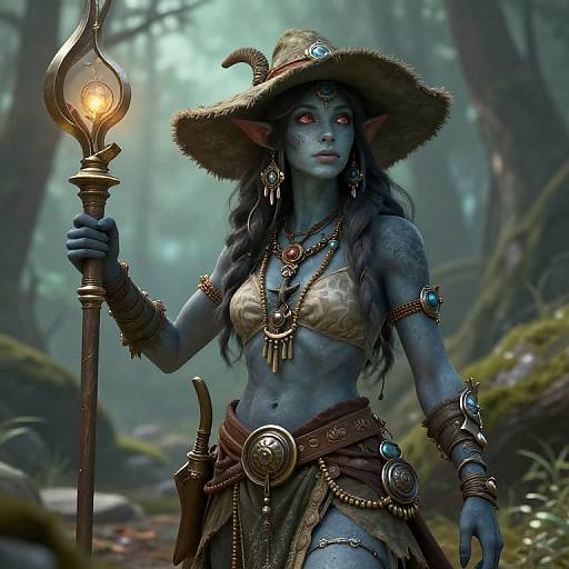 Digital fantasy artwork of a blue-skinned, red-eyed, elven sorceress with long black hair, wearing a straw hat, gold jewelry,