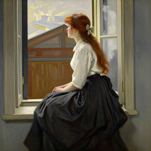Oil painting of a red-haired woman in white blouse and black skirt, sitting by a sunlit window, gazing outside.
