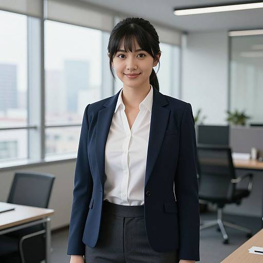 Photograph of an Asian woman with straight black hair in a ponytail, wearing a navy blazer, white blouse, and black pants, standing in