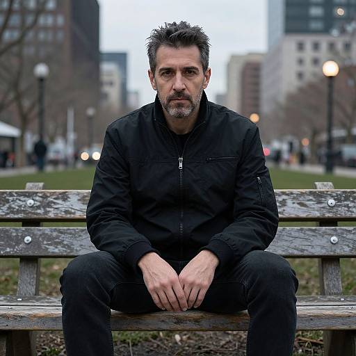 Photograph of a middle-aged man with short, spiky gray hair and beard, wearing a black jacket and pants, sitting on a wooden bench in