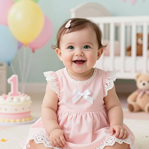 Photograph of smiling baby girl in pink lace dress, white bow, hair clip, with colorful balloons and birthday cake in background.