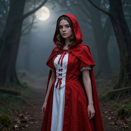 Young Woman in Little Red Riding Hood Costume in Misty Forest