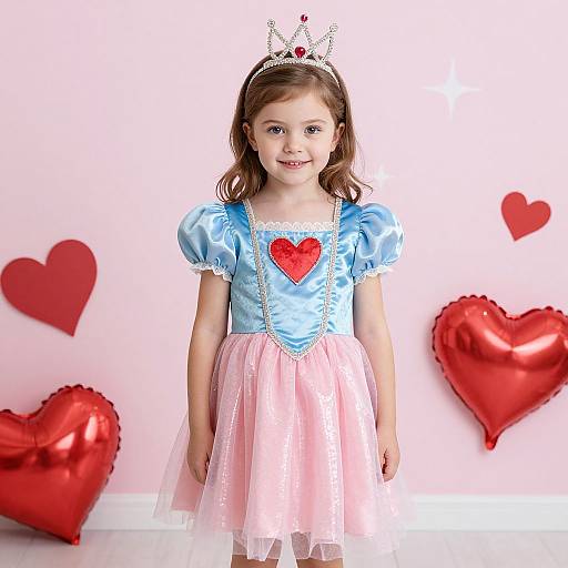 Photograph of a young girl in a blue and pink princess dress with a heart emblem, wearing a tiara, standing in front of a pink wall