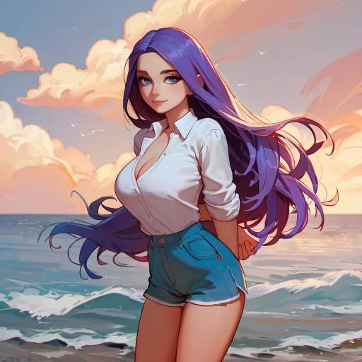 Sunny Ocean Day with Purple-Haired Girl