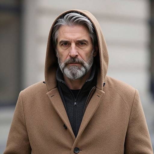 Elderly Man in Hooded Brown Coat