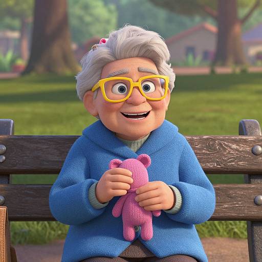 CGI image of an elderly man with white hair, yellow glasses, blue coat, holding a pink teddy bear, sitting on a wooden bench in