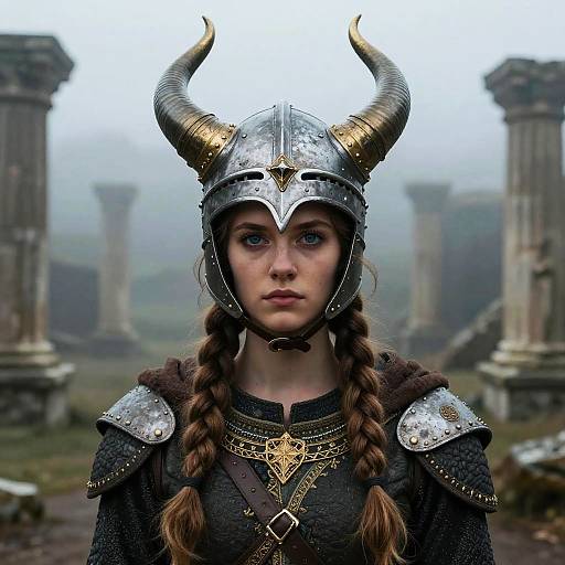 Young woman with braided hair, wearing a silver Viking helmet with horns, armored dark leather, and gold necklace, standing in a misty, ancient
