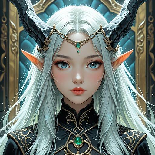 Digital fantasy portrait of an elf woman with long white hair, black horns, blue eyes, green gemstone jewelry, and black ornate attire.