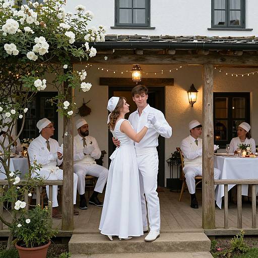 Photograph of a white-clad bride and groom dancing under a wooden porch with rose-covered trellis, flanked by four seated waiters in