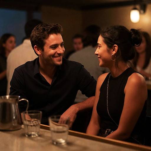 Intimate Bar Scene with Smiling Couple