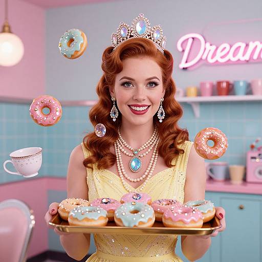Photographic-style digital art of a smiling, red-haired woman in a yellow dress, tiara, and pearls, holding a tray of colorful donuts
