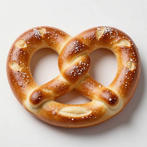 Photograph of a golden-brown, glossy pretzel with white salt crystals scattered on its surface, displayed against a white background.