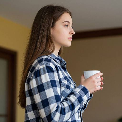 Photograph of a young woman with long brown hair, wearing a blue and white checkered shirt, holding a white mug, in a softly lit indoor