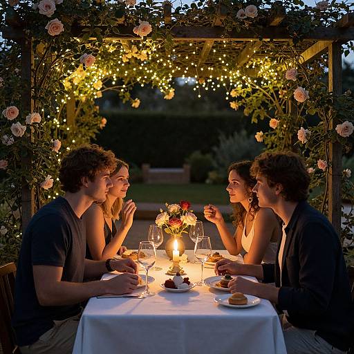 Photograph of four young adults, two men and two women, dining under a romantic pergola with fairy lights and roses, sharing a candlelit dinner