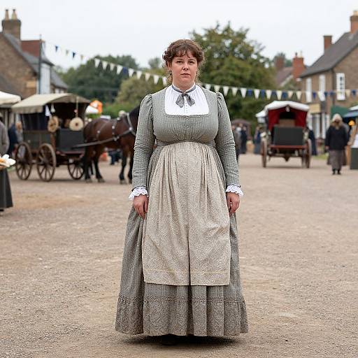 Photograph of a Victorian-era woman in a gray, long-sleeved dress with white collar and apron, standing in a cobblestone street