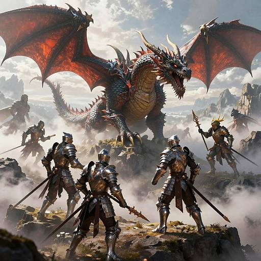 Epic fantasy battle: armored knights with swords face a massive, red-scaled dragon with outstretched wings, amidst misty mountains and bright sky