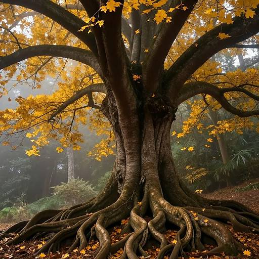Luminous Golden Tree in Misty Forest
