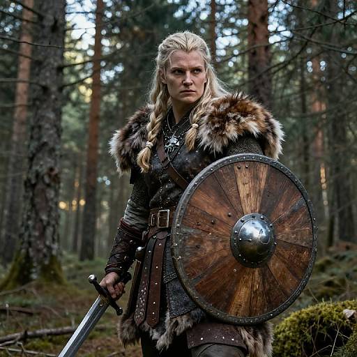 Photograph of a blonde, fierce Viking warrior with braided hair, wearing a fur cloak, holding a wooden shield and sword, standing in a dense