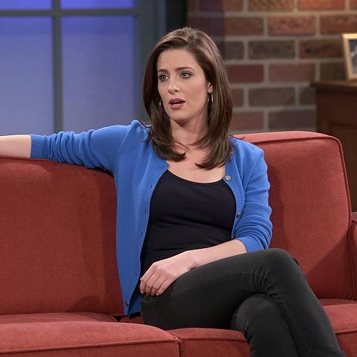 Casual Woman on Red Couch Scene