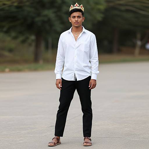 Photograph of a young South Asian man with medium brown skin, wearing a white shirt, black pants, brown loafers, and a gold crown,