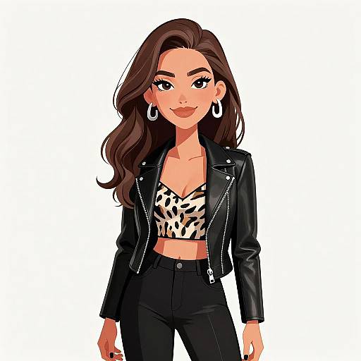 Digital illustration of a confident woman with long brown hair, wearing a black leather jacket, leopard print crop top, and high-waisted black jeans,