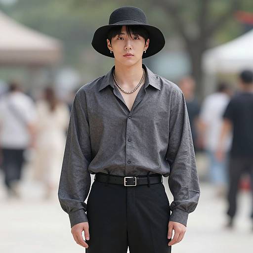 Photograph of a young Asian man in a black wide-brim hat, gray button-up shirt, black pants, and chain necklace, standing outdoors with