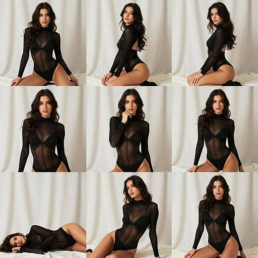 Photograph of a woman with long, wavy dark hair, wearing a sheer black bodysuit, posing in various seductive positions against a white