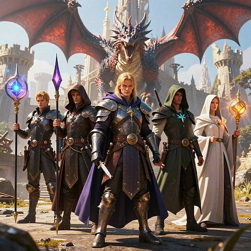 Fantasy CGI image of five warriors and a nun with glowing magical staffs, standing in front of a dragon and medieval castle. Bright sunlight, detailed