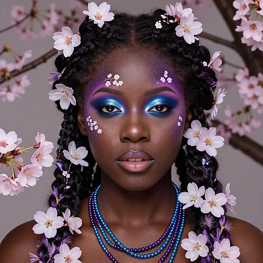 Photograph of a dark-skinned woman with blue and purple eyeshadow, adorned with white cherry blossoms, wearing a blue and purple bead necklace