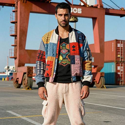 Photograph of a bearded man with short black hair, wearing a colorful patchwork jacket, black shirt, and beige pants, standing in front of