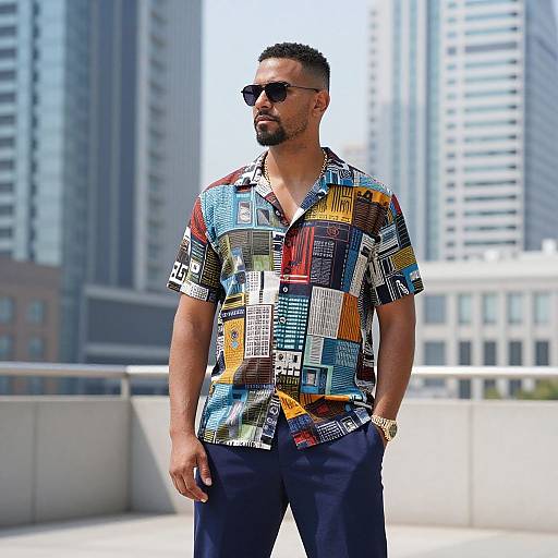 Photograph of a muscular, bearded man with short hair, wearing sunglasses, colorful geometric shirt, dark pants, and watch, standing against a city