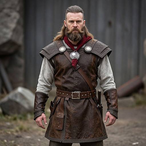 Photograph of a muscular, bearded Viking warrior with long brown hair, wearing a brown leather tunic, gray shirt, red scarf, and silver